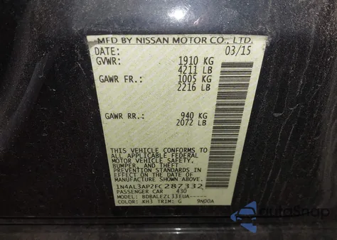 2015 Nissan Altima 2.5/2.5 S/2.5 Sl/2.5 Sv из США, поврежденный, VIN 1N4AL3AP2FC287332